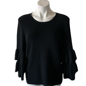 J. McLaughlin Ruffle Sleeve Sweater 100% Italian Merino Wool Black Large